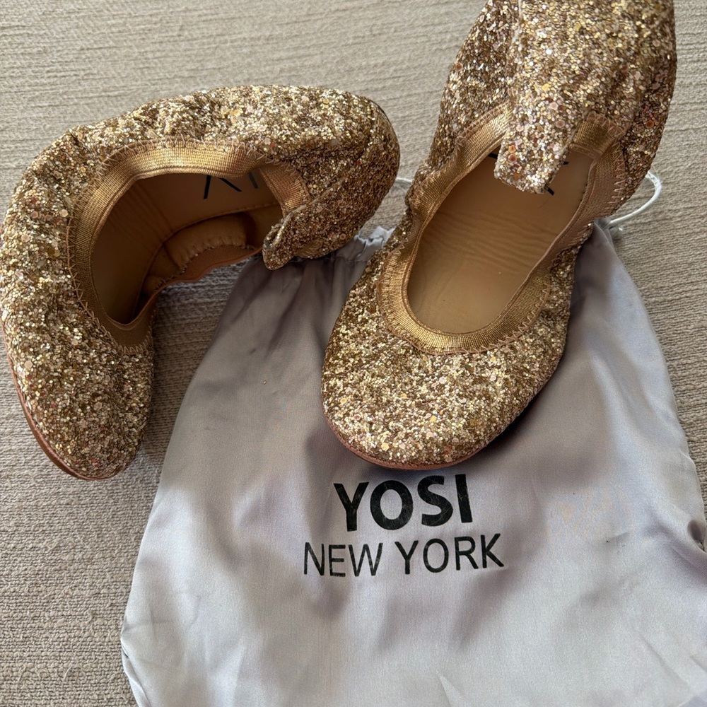 Yosi Samra Gold Glitter Foldable Ballet Flats Size 6.5 w/ Dust Bag